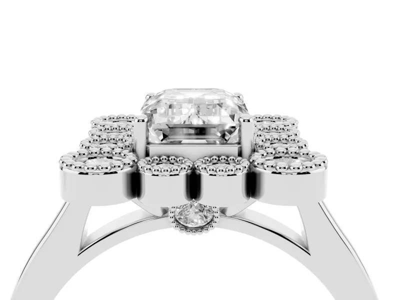 Emerald Cut Milgrain Cluster Halo Engagement Ring Setting | Plain Band | Sterling Silver