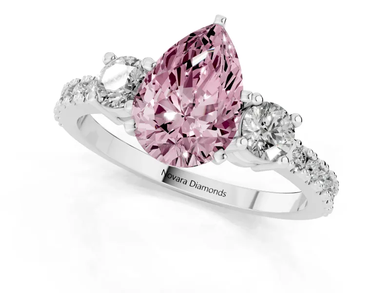 Fancy Pink Three-Stone Pear Cut Diamond Pavé Band Ring Set in Silver with Prong Setting