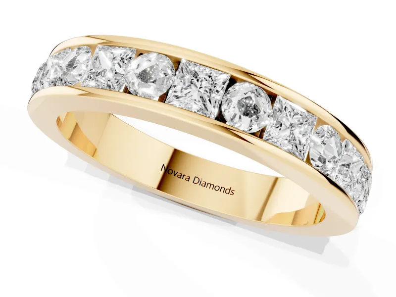 Princess Diamond Channel Set Promise Ring Set in Yellow gold with Round Accent Stations