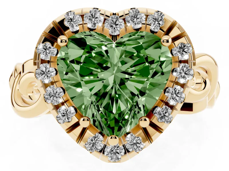 Fancy Green Heart Cut Diamond Halo Ring Set in Yellow gold with Scrollwork Band and Prong Setting