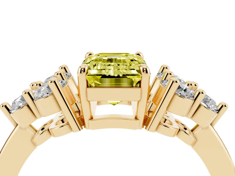 Fancy Yellow Emerald Cut Diamond Solitaire Ring Set in Yellow gold with Cluster Accents on Each Side