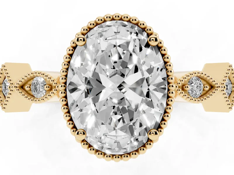 Oval Milgrain Bezel Engagement Ring Setting | Geometric Station Band | Yellow Gold