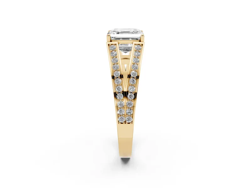 Asscher Cut Diamond Split Shank Ring Set in Yellow gold with Pavé Band and Prong Setting