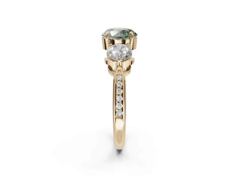Round Three Stone Engagement Ring Setting for a Fancy Green Lab-Grown Diamond | Tapered Pave Band | Yellow Gold