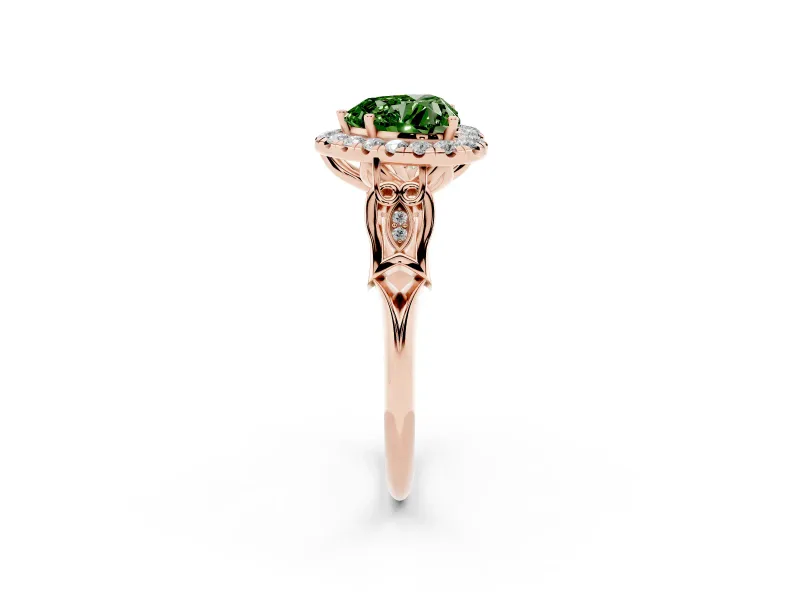 Heart-Shaped Halo Engagement Ring Setting for a Fancy Green Lab-Grown Diamond | Filigree Shoulders | Rose Gold