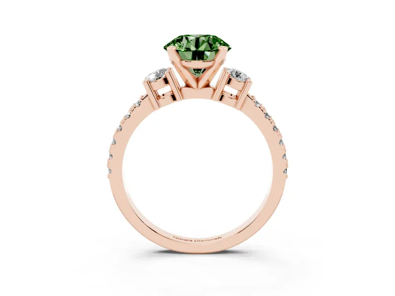 Fancy Green Three-Stone Round Cut Diamond Pavé Band Ring Set in Rose gold with Prong Setting