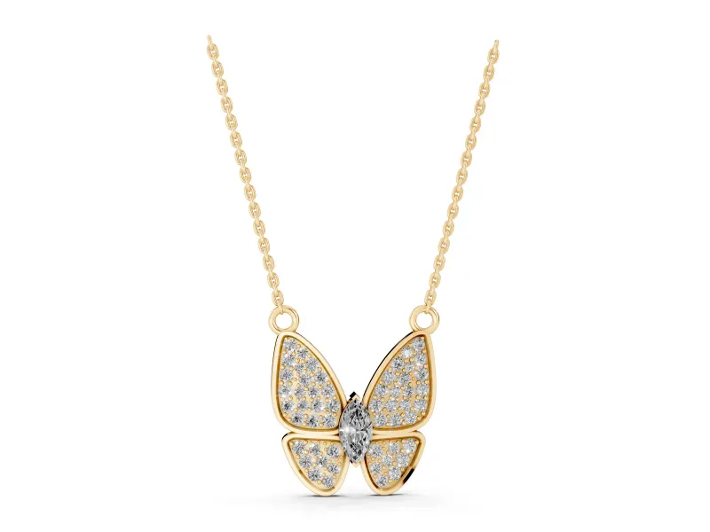 Marquise Lab-Grown Diamond Pavé Butterfly Pendant Necklace | Four Wings | Yellow Gold