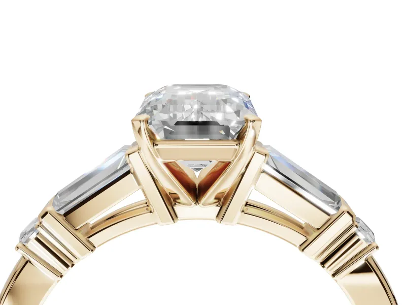 Emerald Cut Tapered Baguette Engagement Ring Setting | Bar Set Sides | Yellow Gold