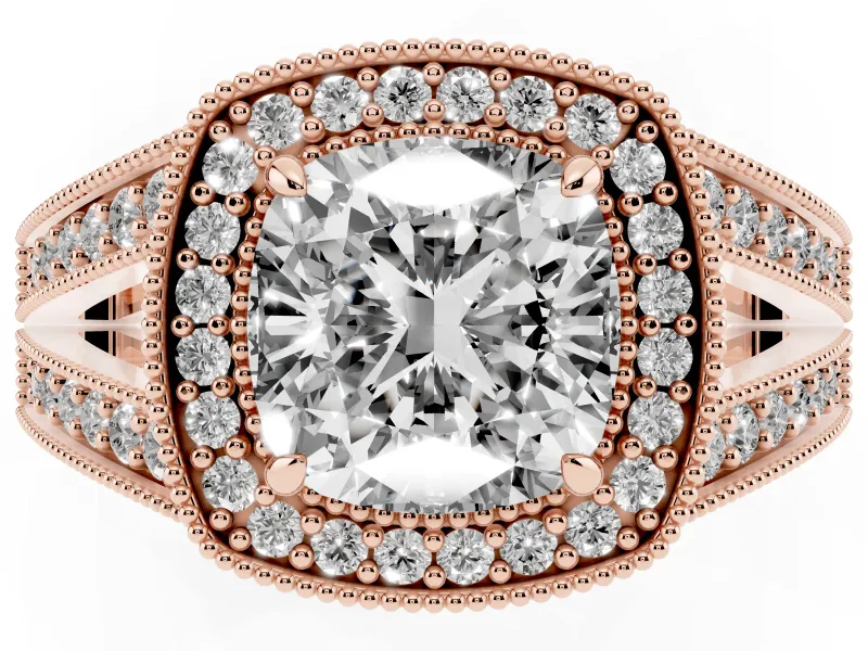 Cushion Cut Vintage Milgrain Halo Engagement Ring Setting | Pave Split Shank | Rose Gold