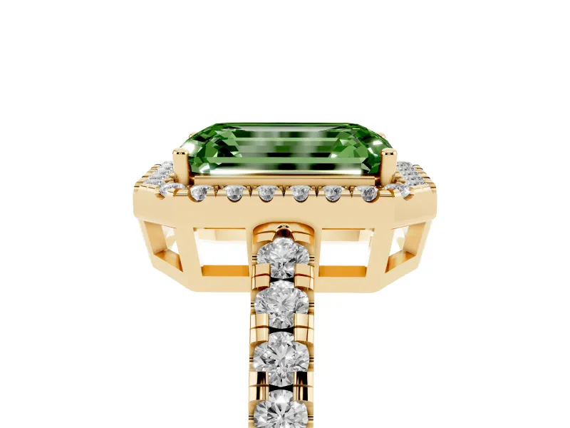 Emerald Cut Halo Engagement Ring Setting for a Fancy Green Lab-Grown Diamond | Graduated Pavé Band | Yellow Gold
