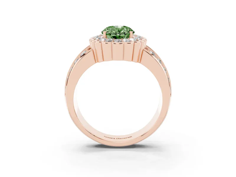 Fancy Green Oval Cut Diamond Scalloped Halo Ring Set in Rose gold with Pavé Split Shank