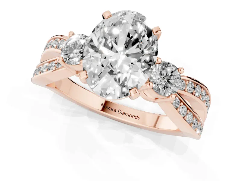Oval Three-Stone Pavé Twist Engagement Ring Setting | Split Shank | Rose Gold