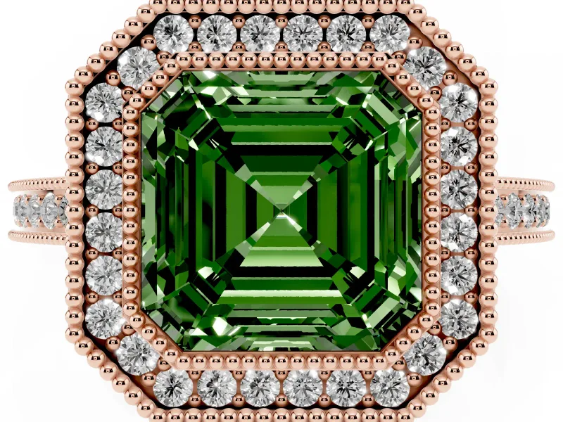 Fancy Green Asscher Cut Diamond Halo Ring Set in Rose gold with Pavé Band and Milgrain-Edged Prongs
