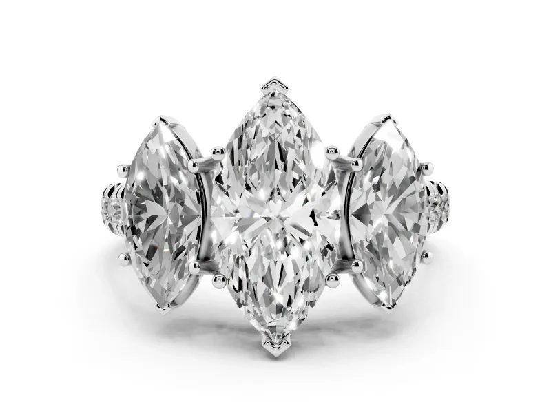 Marquise Cut Diamond Three-Stone Ring Set in Platinum with Pavé Band