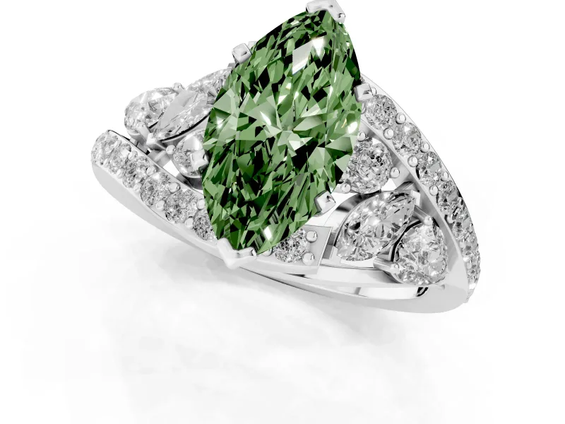 Fancy Green Marquise Cut Diamond Halo Ring Set in Silver with Marquise and Pavé Band in Prong Setting