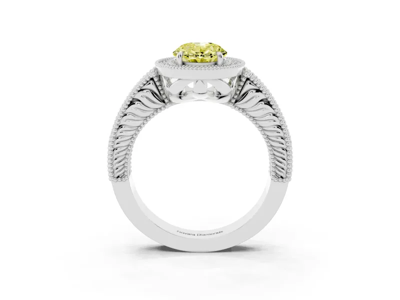 Fancy Yellow Oval Cut Diamond Halo Ring Set in White gold with Round Accent Halo, Pavé Band and Prong Setting