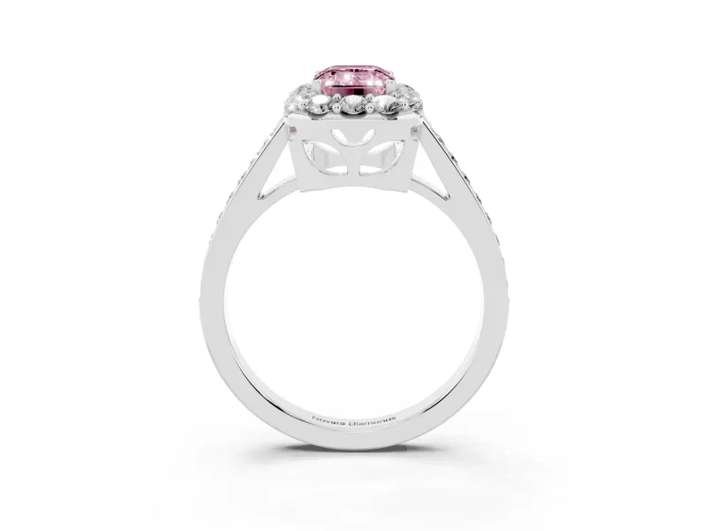 Fancy Pink Emerald Cut Diamond Floral Halo Ring Set in Platinum with Pavé Band and Prong Setting