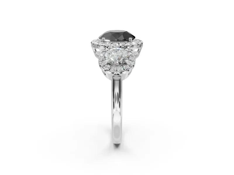 Round Three Stone Halo Engagement Ring Setting for a Black Center | Sterling Silver