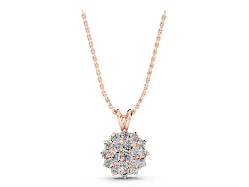 Round Lab-Grown Diamond Rosette Cluster Pendant Necklace | Double-Wire Bail | Rose Gold