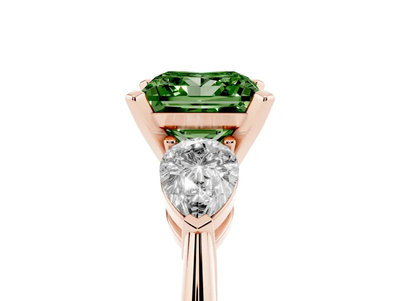 Fancy Green Three-Stone Princess Cut Diamond Ring Set in Rose gold with Pear Side Stones and Prong Setting