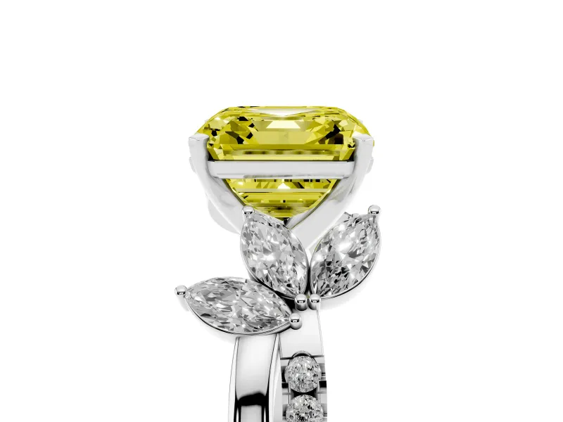 Fancy Yellow Asscher Cut Diamond Floral Vine Solitaire Engagement Ring Set in White gold with Marquise Leaves