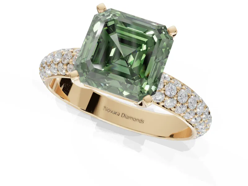 Asscher Cut Domed Pavé Engagement Ring Setting for a Fancy Green Lab-Grown Diamond | Yellow Gold