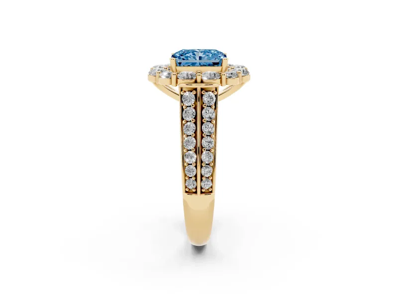 Fancy Blue Radiant Cut Diamond Halo Engagement Ring Set in Yellow gold with Split Shank and Prong Setting