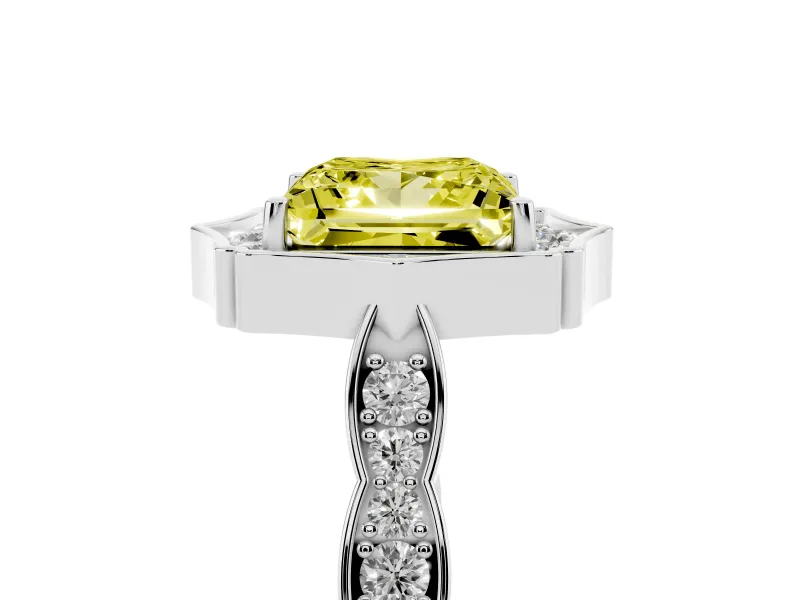 Princess Cut Vintage Scalloped Halo Engagement Ring Setting for a Fancy Yellow Lab-Grown Diamond | Pave Band | Platinum