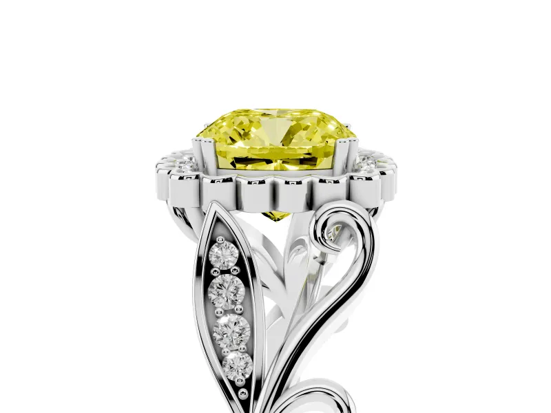 Cushion Cut Leaf Halo Engagement Ring Setting for a Fancy Yellow Lab-Grown Diamond | Platinum
