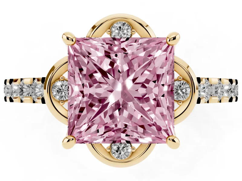 Princess Cut Floral Petal Engagement Ring Setting for a Fancy Pink Lab-Grown Diamond | Petal Accents | Yellow Gold