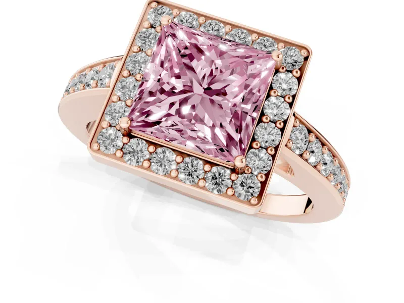 Fancy Pink Princess Cut Diamond Halo Pavé Engagement Ring Set in Rose gold with Bezel Setting