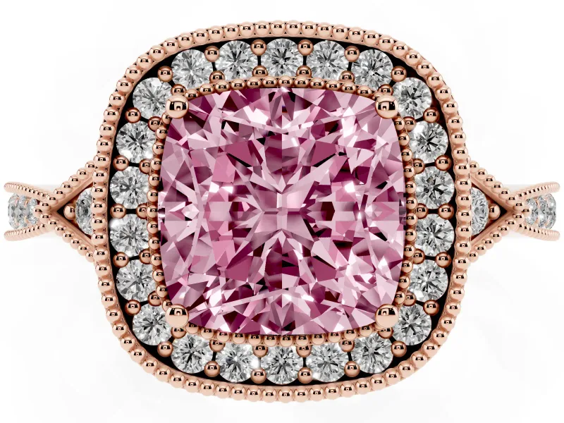 Fancy Pink Cushion Cut Diamond Halo Engagement Ring Set in Rose gold with Milgrain Pavé Band