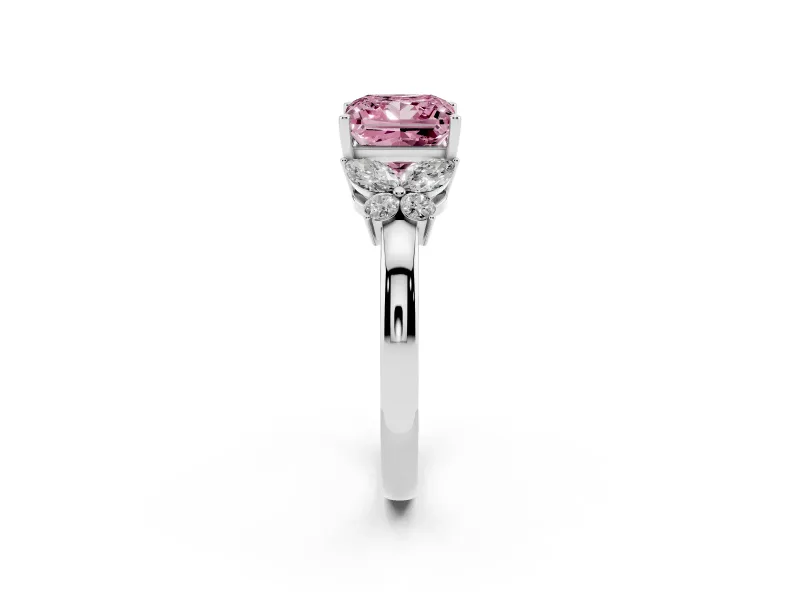 Fancy Pink Princess Cut Diamond Solitaire Floral Ring Set in White gold with Marquise Petals and Prong Setting
