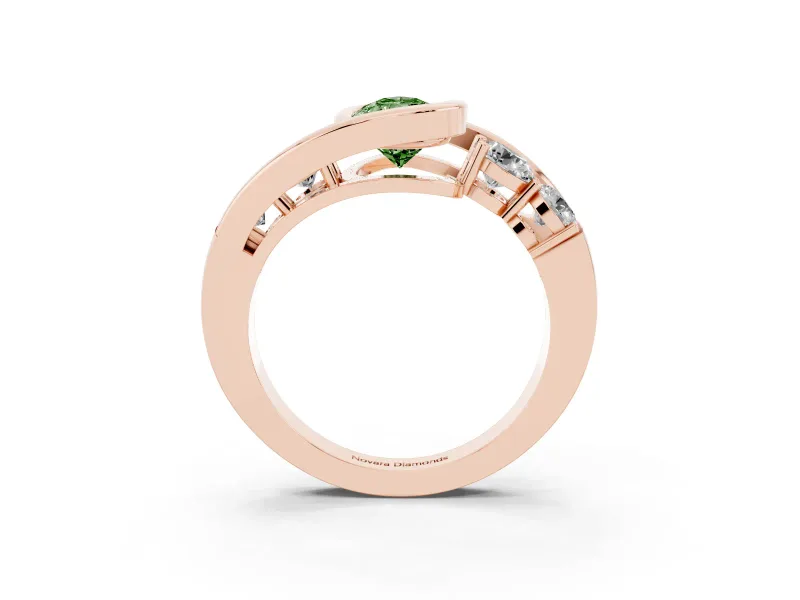 Fancy Green Pear Cut Diamond Bezel Bypass Ring Set in Rose gold with Round Accents