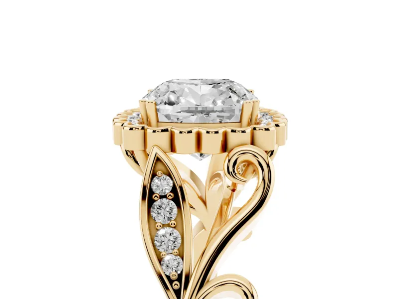 Cushion Cut Vintage Leaf Halo Engagement Ring Setting | Graduated Vine Shank | Yellow Gold