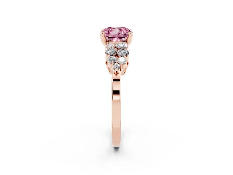 Cushion Cut Side Stone Engagement Ring Setting for a Fancy Pink Lab-Grown Diamond | Shoulder Clusters | Rose Gold