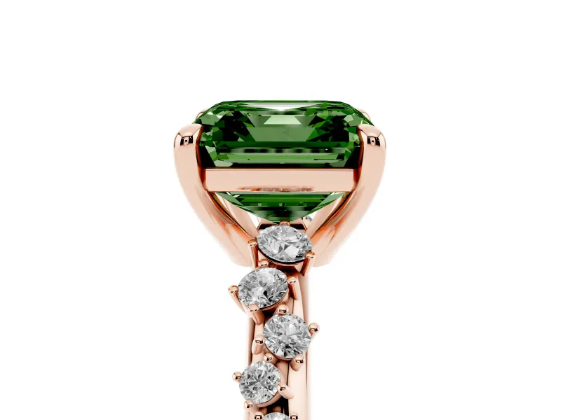 Fancy Green Asscher Cut Diamond Solitaire Vine Band Ring Set in Rose gold with Round Accents and Prong Setting