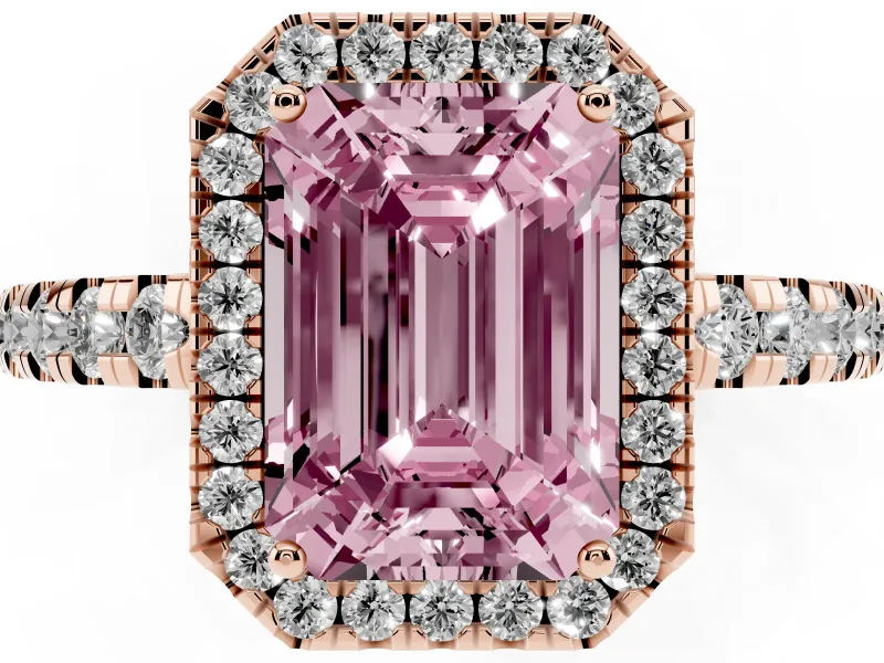 Emerald Cut Halo Engagement Ring Setting for a Fancy Pink Lab-Grown Diamond | Graduated Pavé Band | Rose Gold