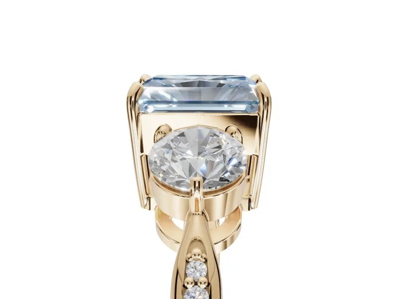Radiant Cut Three Stone Engagement Ring Setting for a Fancy Blue Lab-Grown Diamond | Tapered Pave Band | Yellow Gold