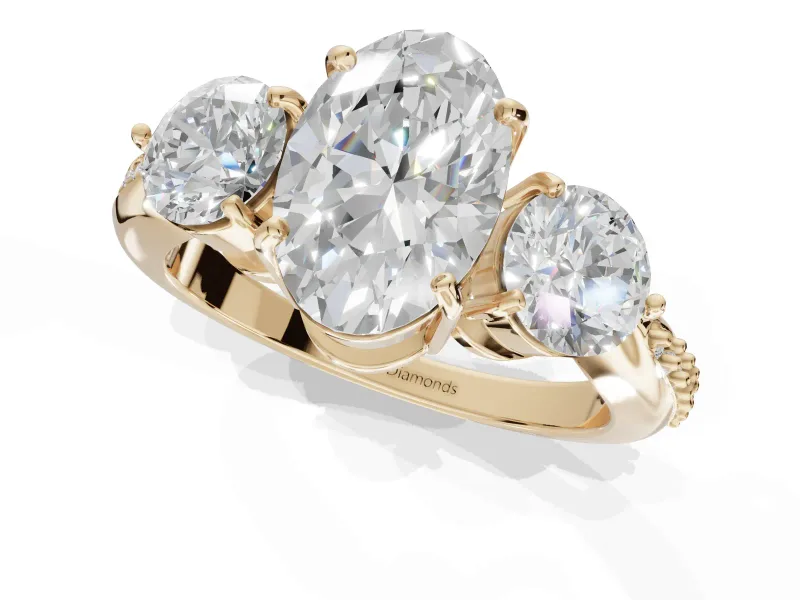 Oval Three Stone Engagement Ring Setting | Tapered Pave Band | Yellow Gold