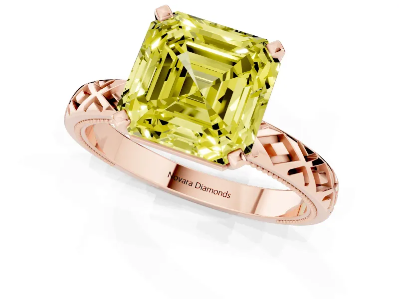 Fancy Yellow Asscher Cut Diamond Solitaire Ring Set in Rose gold with Milgrain and Black Enamel X Pattern Band