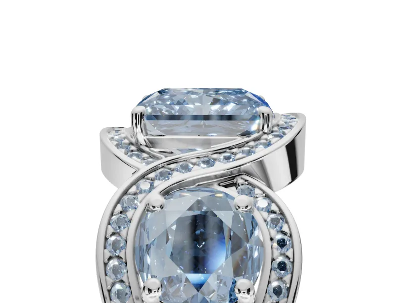 Radiant Cut Three Stone Halo Engagement Ring Setting for a Fancy Blue Lab-Grown Diamond | Pavé Wave Band | White Gold
