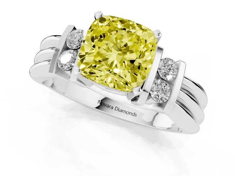 Fancy Yellow Three-Stone Cushion Cut Diamond Channel Set Ring Set in Silver with Bar Prongs
