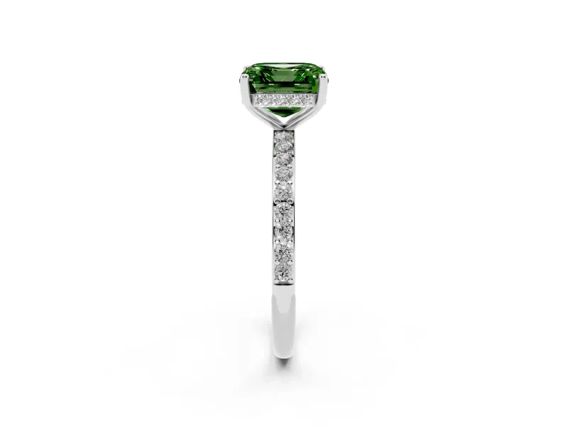 Fancy Green Asscher Cut Diamond Pavé Band Ring Set in White gold with Prong-Set Center Stone