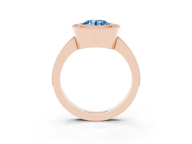Round Milgrain Halo Engagement Ring Setting for a Fancy Blue Lab-Grown Diamond | Pave Band | Rose Gold