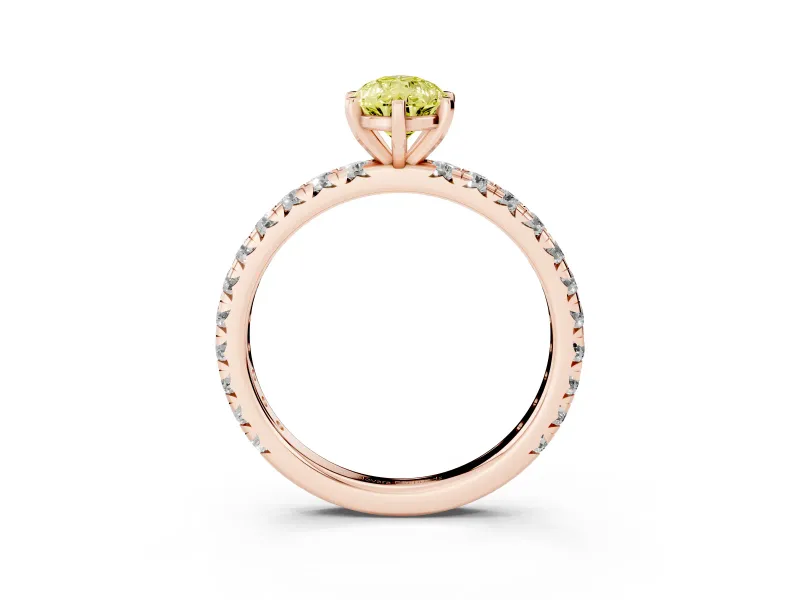 Fancy Yellow Pear Cut Diamond Pavé Solitaire Ring Set in Rose gold with Round Band and Prong Setting
