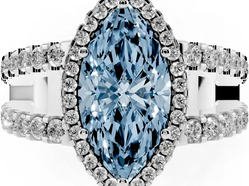 Fancy Blue Marquise Cut Diamond Halo Ring Set in Platinum with Pavé Split Shank and Prong Setting