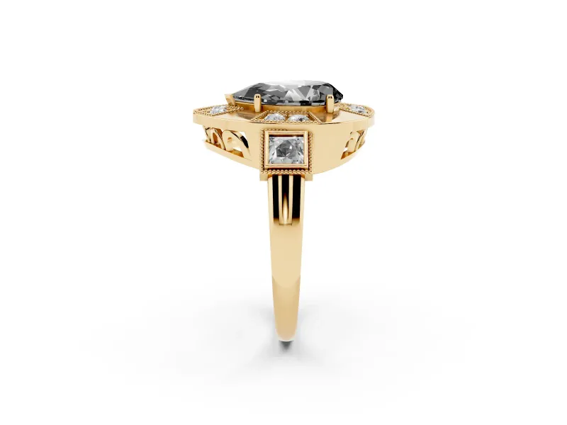 Fancy Black Pear Cut Diamond Milgrain Halo Ring Set in Yellow gold with Split Shank