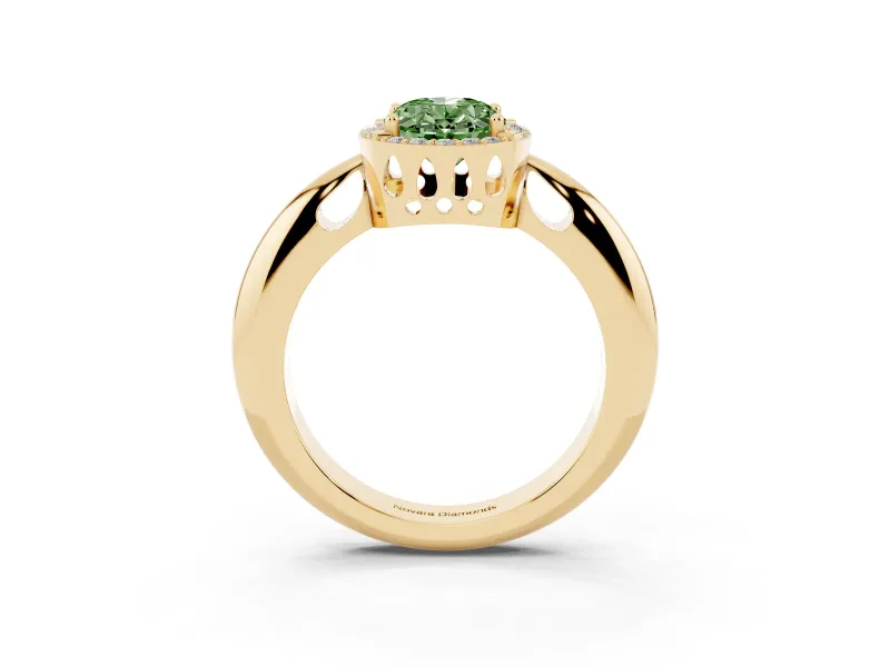 Fancy Green Oval Cut Diamond Halo Engagement Ring Set in Yellow gold with Plain Split Shank and Prong Setting