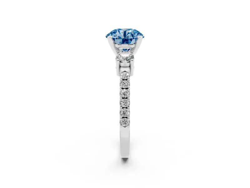 Round Three Stone Pavé Engagement Ring Setting for a Fancy Blue Lab-Grown Diamond | Round Side Stones | Sterling Silver